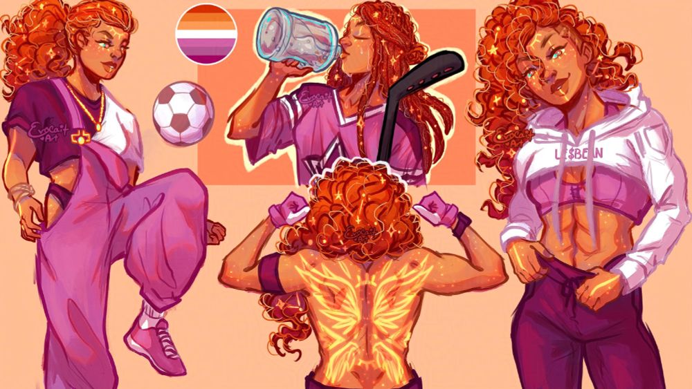 My oc inspired by the lesbian flag. She is a sporty muscular woman with tan/orange skin and curly ginger hair. 