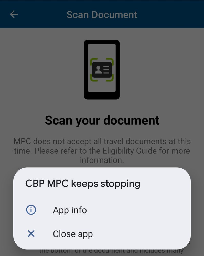 Screenshot of an app crashing at the "Scan your document" screen