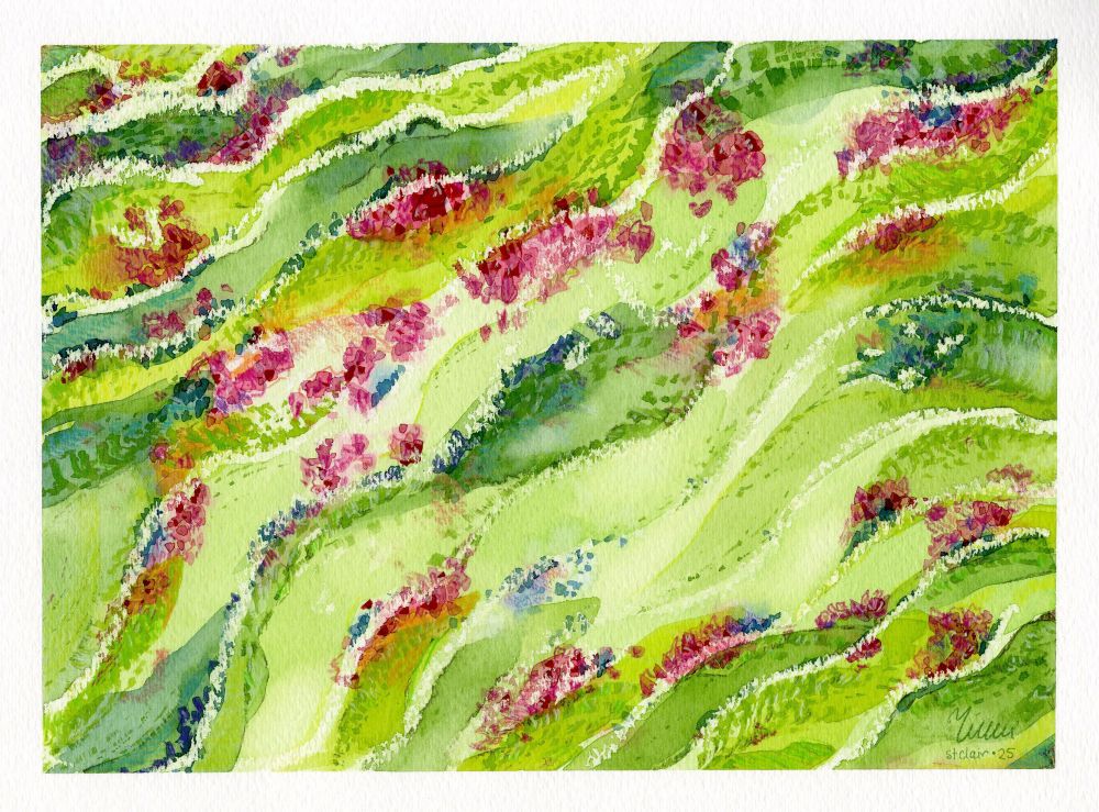 An abstract watercolour painting. The main colour of the painting is green, with many wavy shapes depicted in various shades of green. There are small clusters of organic shapes painted in magenta, resembling flowers, that are spread throughout the piece. There are also a few orange and blue clusters, similar to the magenta ones.