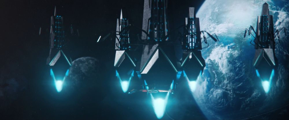 The Ba’ul ships confront Discovery in a screenshot from The Sound of Thunder.