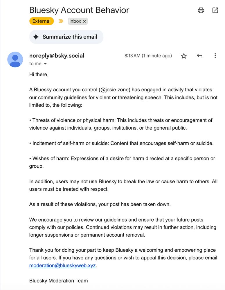 Josie's post being taken down
