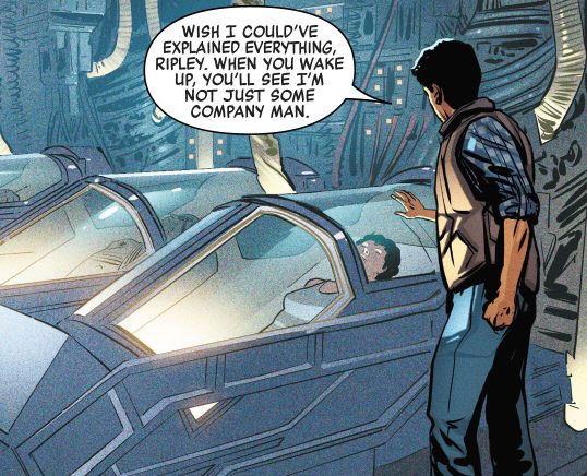 Panel from What If aliens, where Burke looks at frozen ripley and says he's not a company stooge