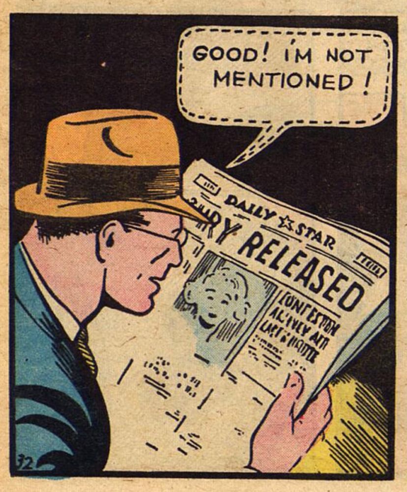 Clark Kent looking at a newspaper and saying GOOD! I’M NOT MENTIONED!