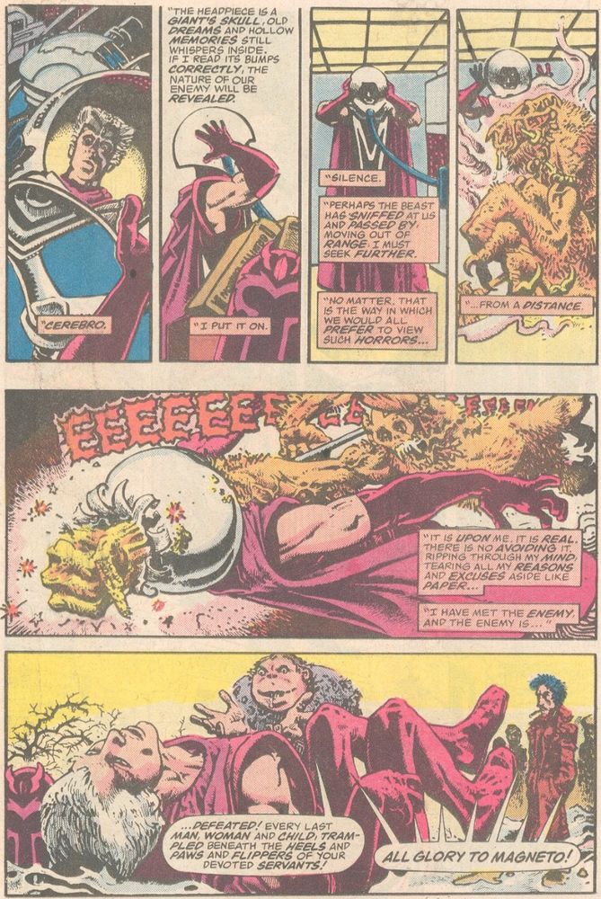 Magneto puts on Cerebro and enters a world where he has won