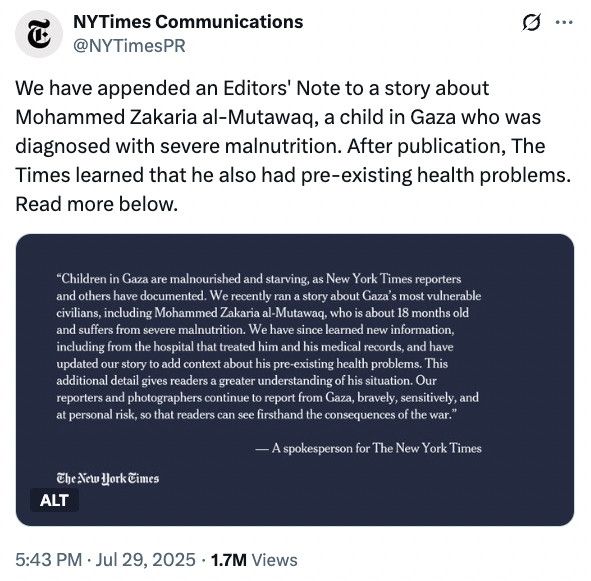 NYT disavowing a story about malnutrition in Gaza by saying a kid died because of "pre-existing health problems"