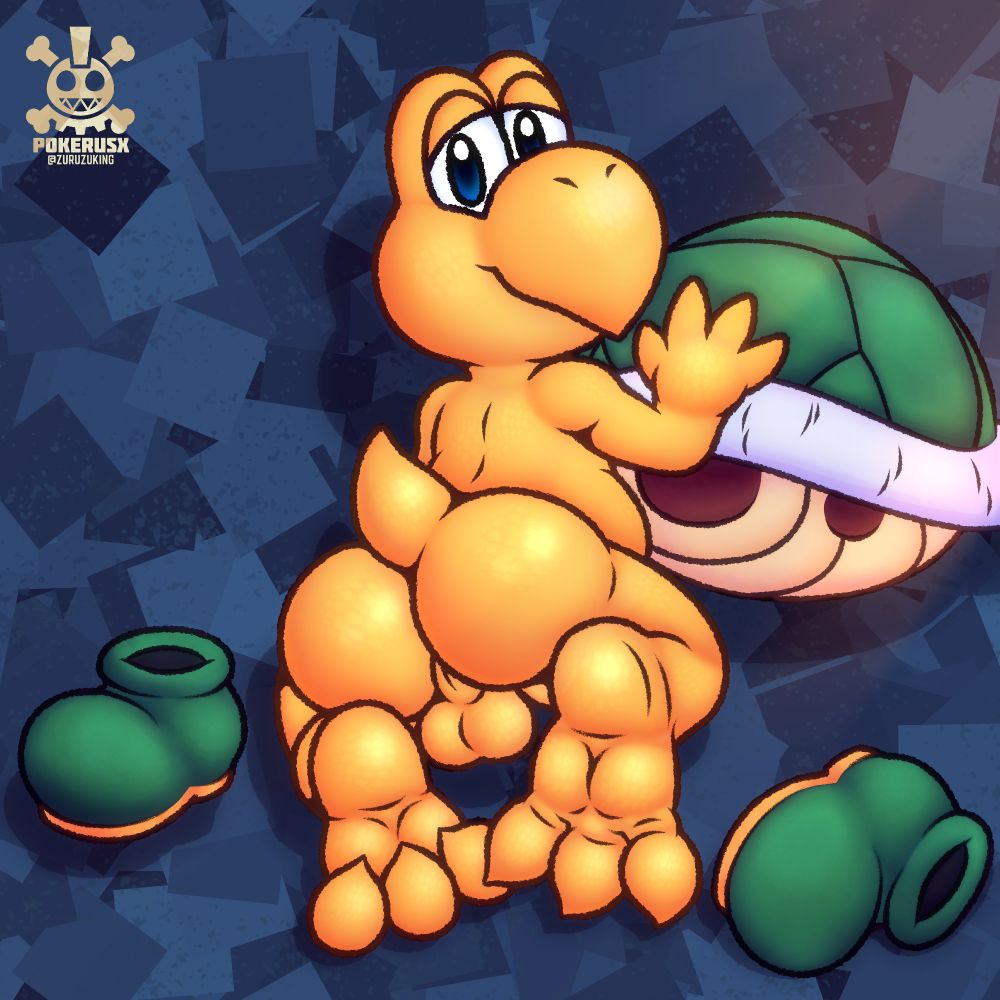 A koopa troopa showing off his butt, balls and paws, freshly removed boots and shell aside, looking back with a tender expression on his face.