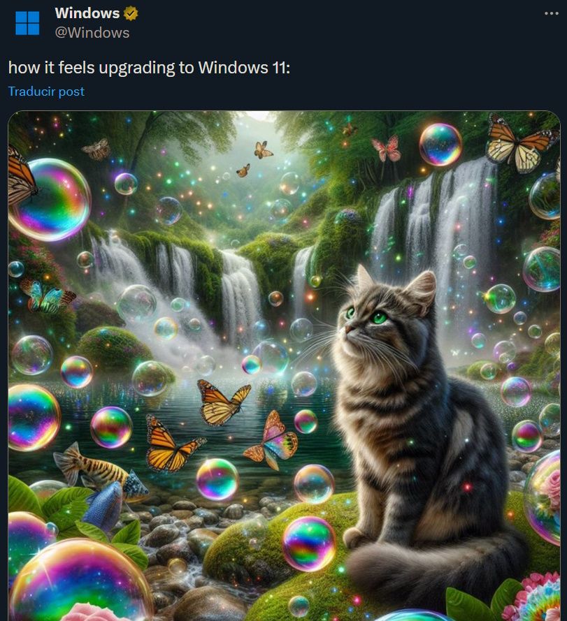 Windows "X" account posting upgrading to windows 11 feels like a crappy nonsensical AI generated image with bubbles, distorted butterflies merging into fish and a cat on a why I am I even describing this garbage image.