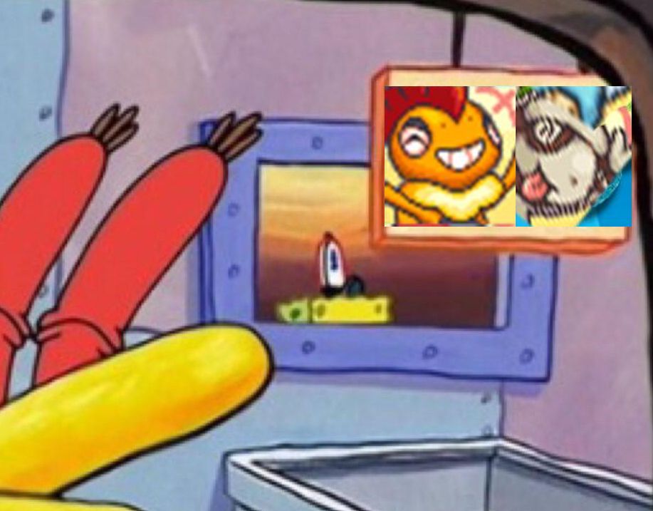 SPONGE BOB POINTING TO SCRAFTY AND SMEARGLE 