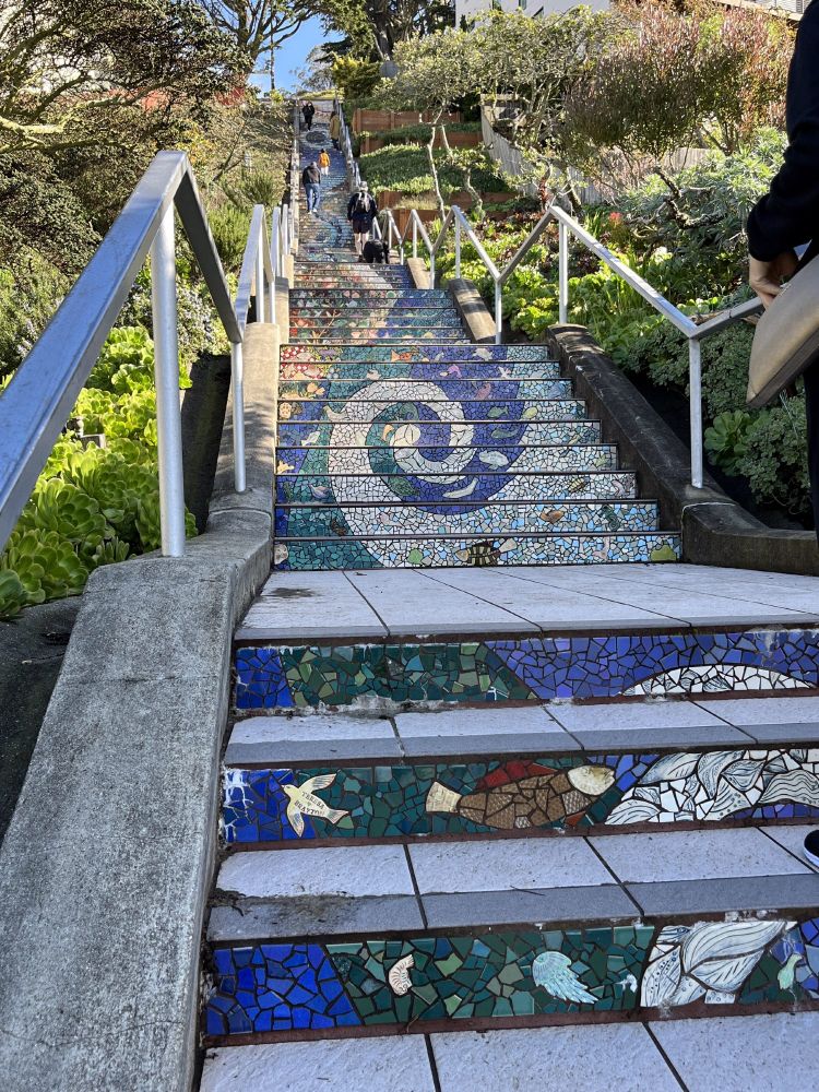 Photo of tiled steps in San Francisco at Moraga and 16th Avenue (Golden Gate Heights).  This stairway is on the route of the Golden Gate Heights walk in Adah Bakalinsky's book