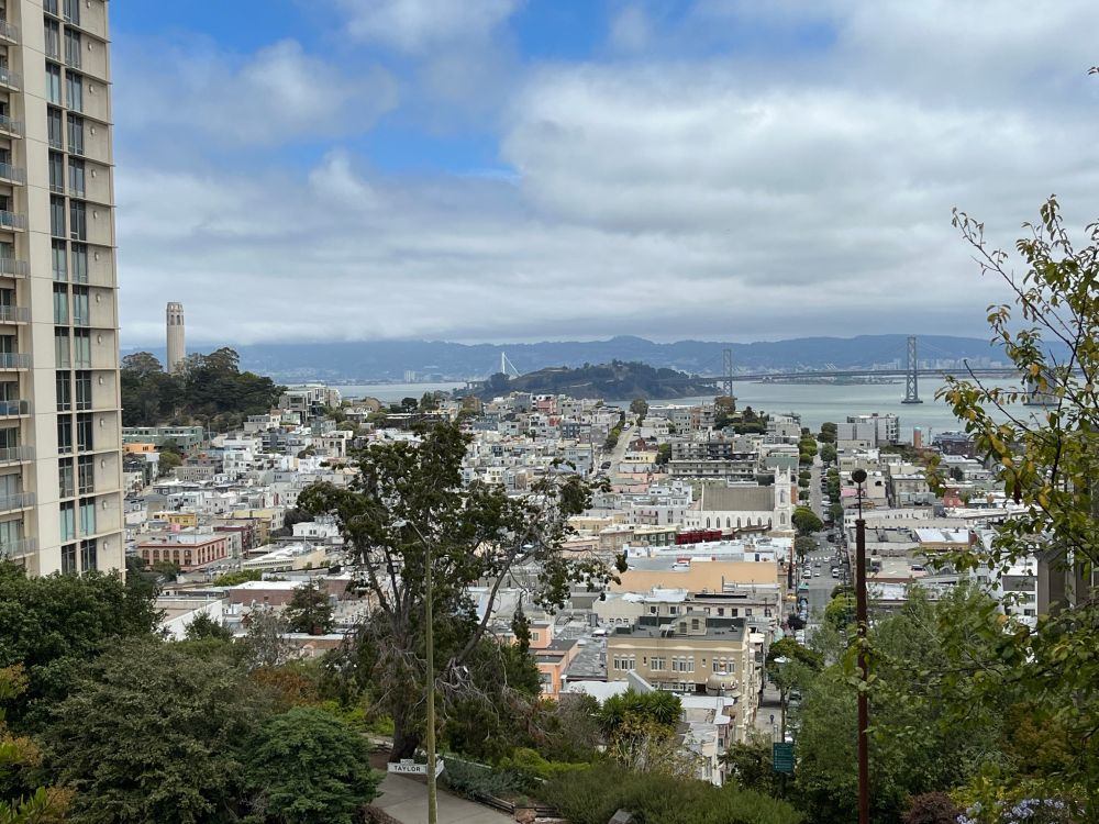 A photo of a view from Ina Coolbrith Park near Russian Hill in San Francisco, looking east. This park is on the Russian Hill South stairway walk route in Adah Bakalinsky's book.  In the view are Coit Tower, the two spans of the Bay Bridge, Yerba Buena Island, and the S.F. Bay