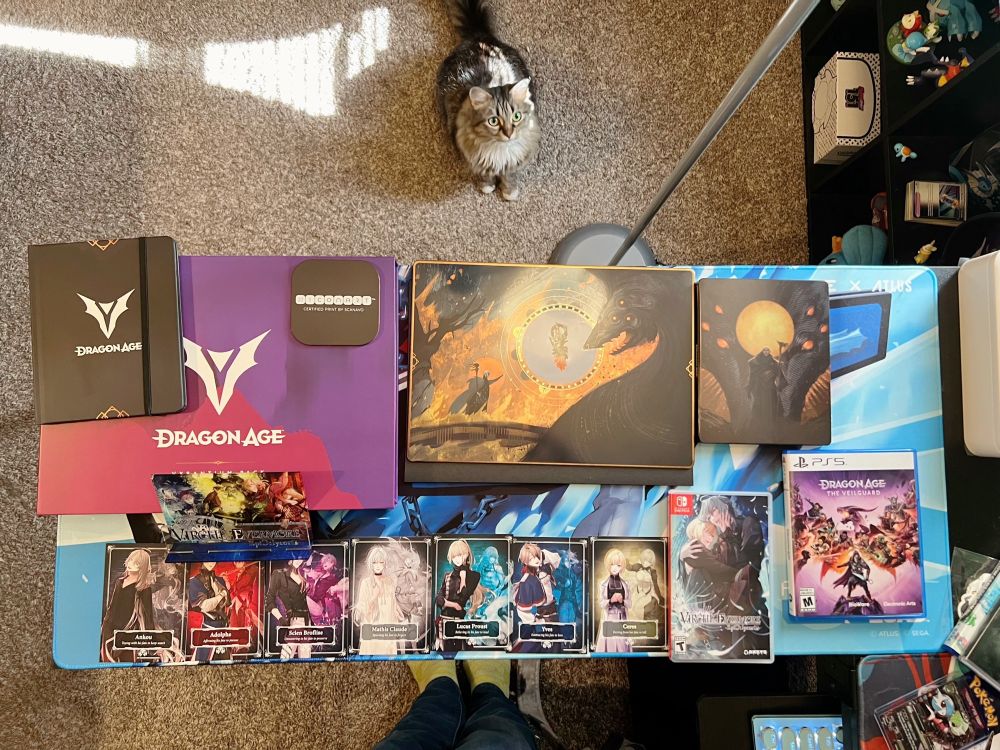 Spread of Dragon Age Veilguard Vyrantium Pack (Steelbook, Steel poster, Notebook) and Virche Evermore -Epic:lycoirs- (Character Cards, Acrylic stand) on table to showcase. Stella is pictured looking up at the table from the carpet below.