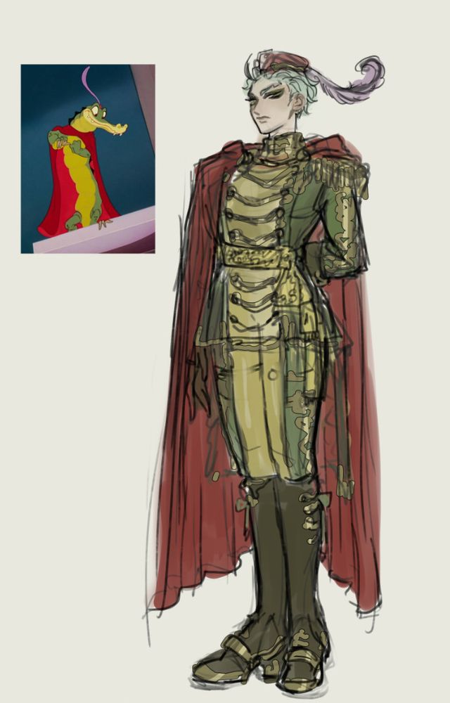 A digital sketch of sebek zigvolt from twisted wonderland, standing straight, in a princely green outfit with a red cape, inspired by the alligator from the movie fantasia.