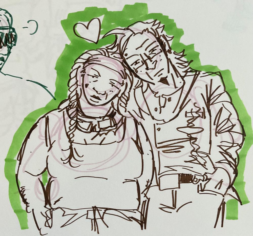 A photo of a traditional drawing of two people leaning on each other. The taller man has a spiky mullet and a pointed goatee. He is wearing a tight leather jacket and jeans with a belt. He has small glasses on and a neutral expression on his face. The shorter person is fat and has a headband on with their hair styled in jumbo twists. They have a tank top on and goggled around their neck. They have a mole on their right cheek and a neutral expression on their face.
