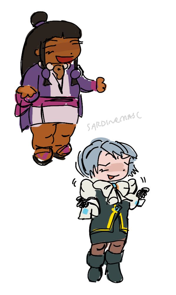 Digital chibi drawings of Maya Fey and Franziska Von Karma from the Ace Attorney franchise. Maya has dark skin and black hair. She is wearing a pink and purple outfit. Franziska has light skin and light blue hair. She is wearing a black and white outfit with blue accessories. Both characters are shrugging and smiling. 