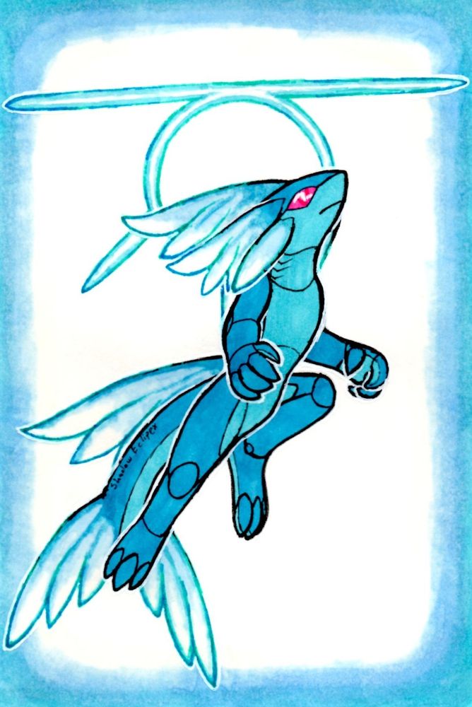 An anthropomorphic shark android with some angel-like features flying upwards to the right.