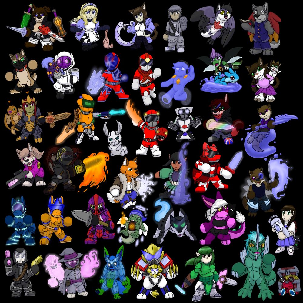 A collection of 48-50 chibi characters of various styles and designs. Including humans, robots, anthropomorphic, Toku/Power Rangers.