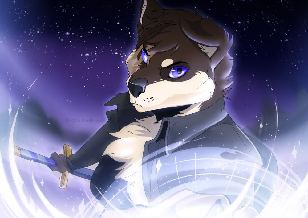 An Artfight defense from Chershirehatter of my oc Midori Iro (an anthropomorphic canine with multi-tone brown fur and blue eyes) holding a sword in his right and and casting some sort of magic with his left hand.