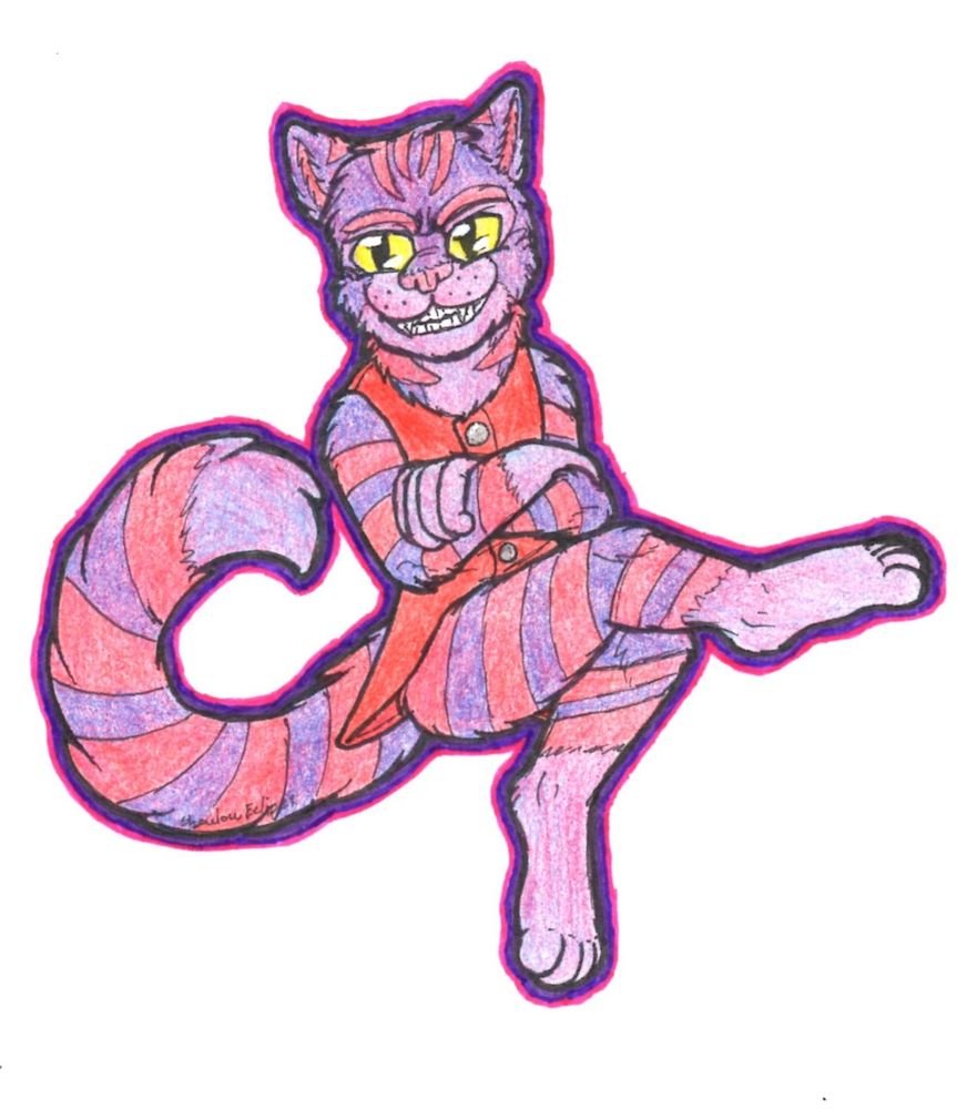 An anthropomorphic cheshire cat wearing a red vest.