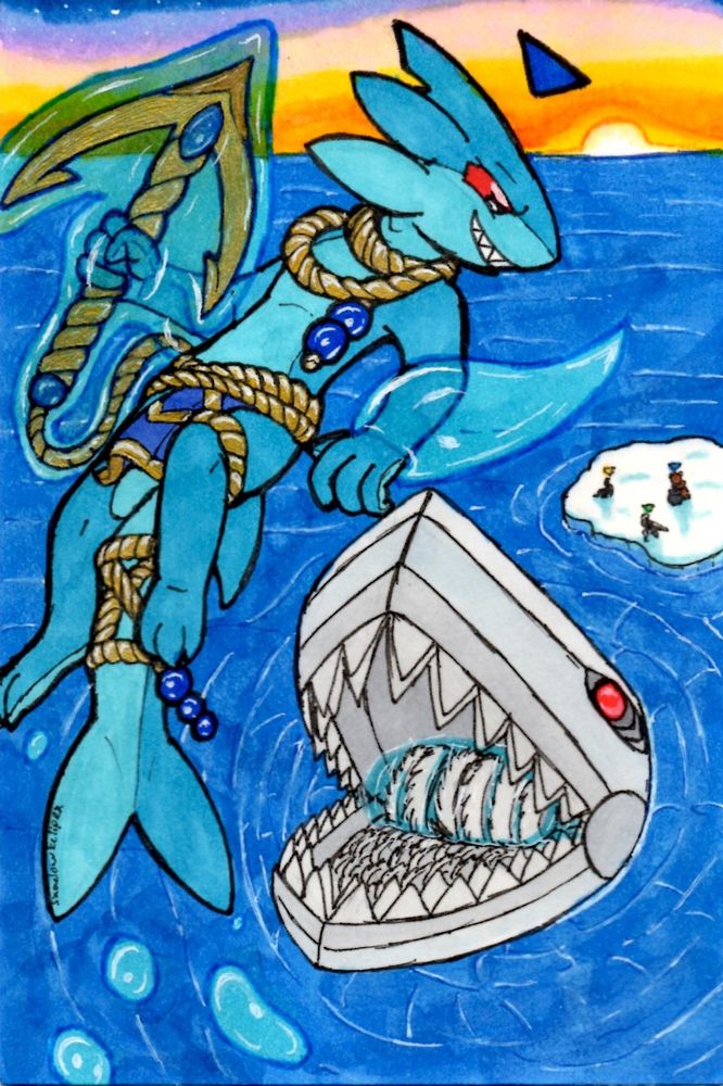 An anthropomorphic shark jumped high into the air abouve a mechancial shark which had multiple saw blades in it's mouth. Behind the mechanical shark is an iceberg with 3 more people standing on it, and a sun setting on the horizon.

The Anthropomprhic shark is wearing golden rope which has saphire orbs attached to the ends. One end of the rope is attached to a golden anchor which is magically surrounded by water.