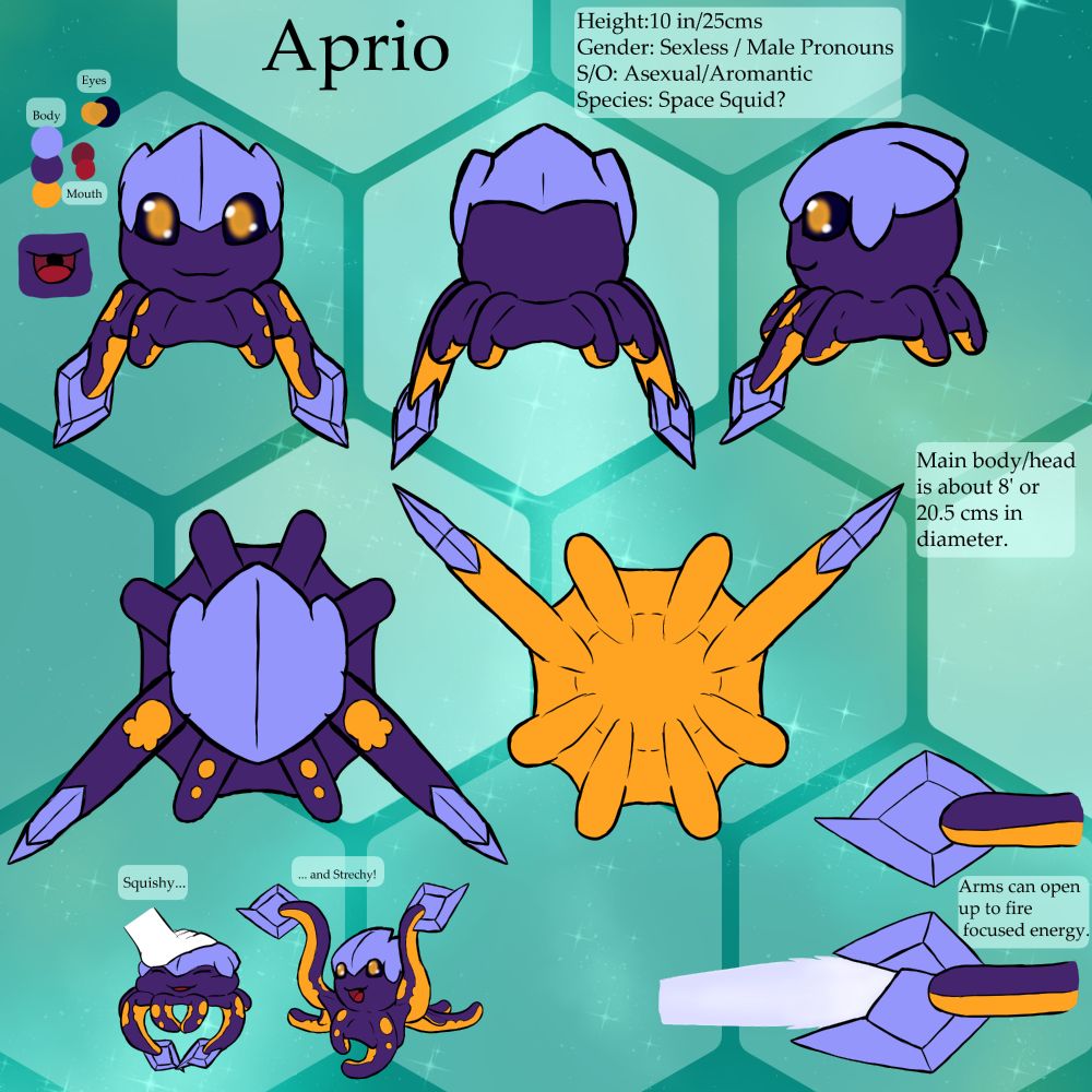 A ref sheet for my character Aprio

A purple squid with a light blue "crown" and "claws" and an orange underbelly, and orange spots on his front 4 arms. Eyes have a dark blue sclera with glowing orange iris, with a slightly darker orange pupil.

He is 10ins/25cms tall. Head is aprox 8ins/20.5cms in diameter.

His body is very squishy and strechy and his "claws" can open up to fire lasers.