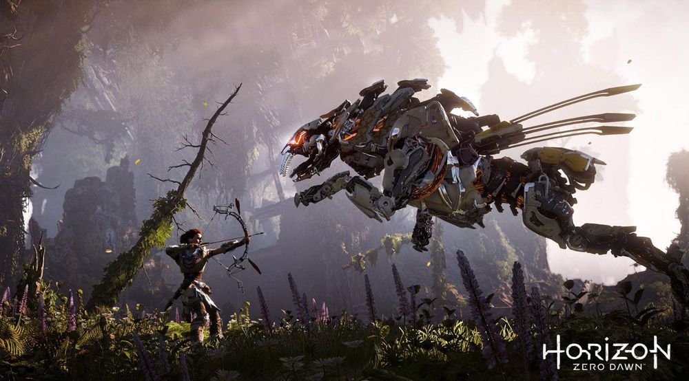 An action shot from the game Horizon Zero Dawn. The hero, a young woman, is using a bow and arrow to fight a huge robot cat dinosaur thing which towers over her as it jumps towards her. The background is an overgrown wilderness and shafts of sunlight illuminate the scene. 
