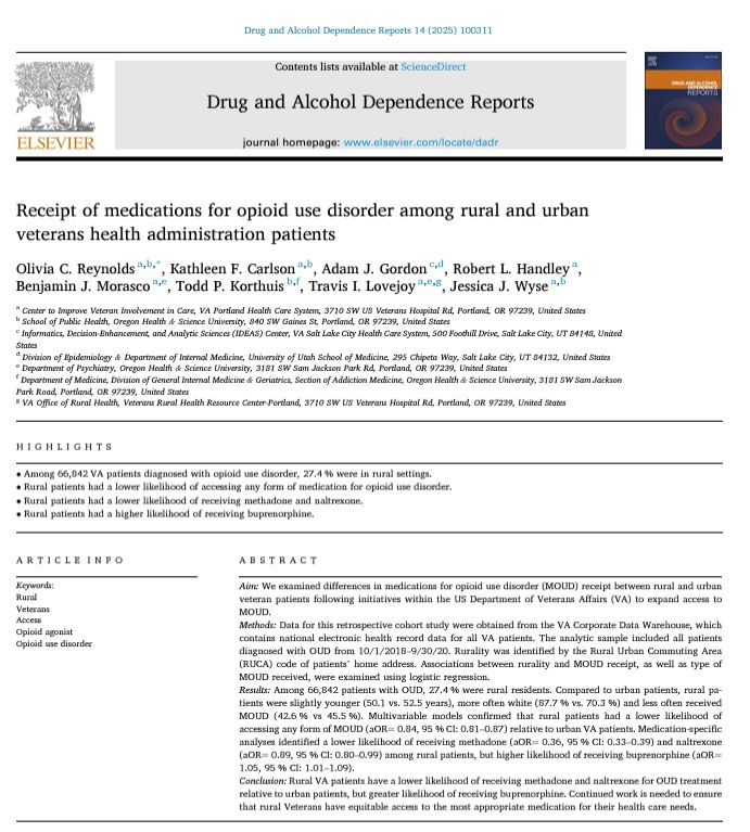 Screenshot of the first page of the DADR paper "Receipt of medications for opioid use disorder among rural and urban veterans health administration patients"