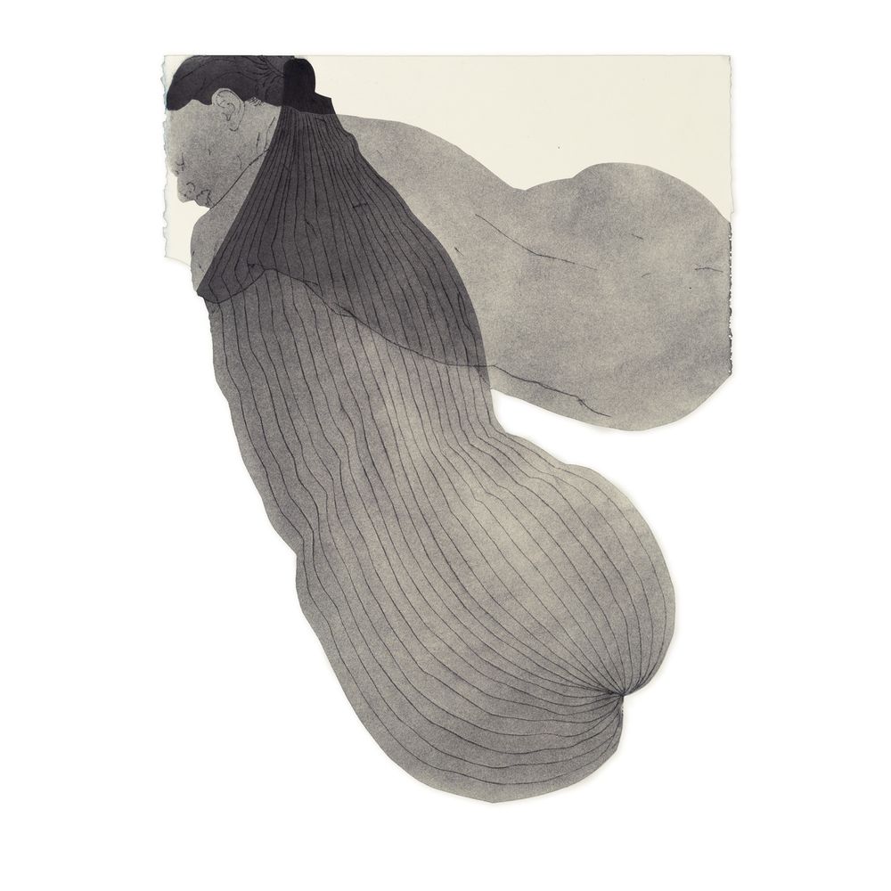 A drawing with a reclining figure viewed from behind in the upper portion of the image. The figure is rendered in shades of gray against a light background. Below this, an abstract striated shape extends downward, mimicking the silhouette of the reclining figure above. This lower element is characterized by numerous fine parallel lines that create a ribbed texture, flowing and bulging organically. The composition is drawn on off-white paper with irregular edges, particularly noticeable where the lower area has been cut away giving the artwork an intentionally fragmentary quality. The overall aesthetic combines figurative and abstract elements in a muted palette.