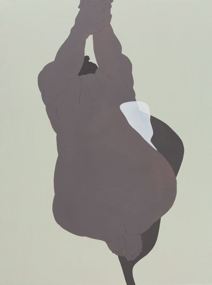Acrylic painting of a figure from above, hands clasped behind her back, rendered in simplified gray shapes and curves against a pale green background. Additional abstract shapes act as simplified glyphs of her form.