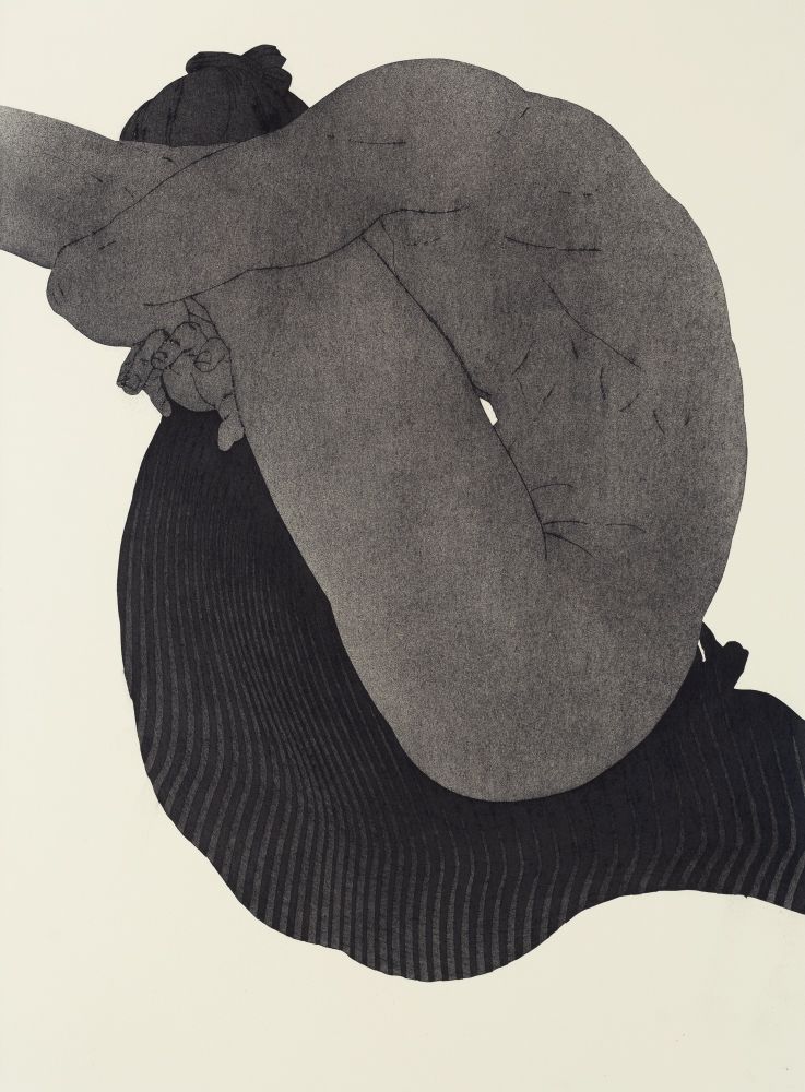 
A minimalist black and white drawing showing a figure’s profile curled forward.