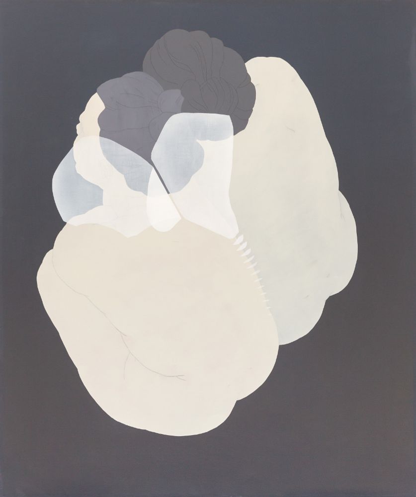 6 foot by 5 foot Acrylic painting in muted palette of a figure leaning into a reflection of herself with abstract embelishments.