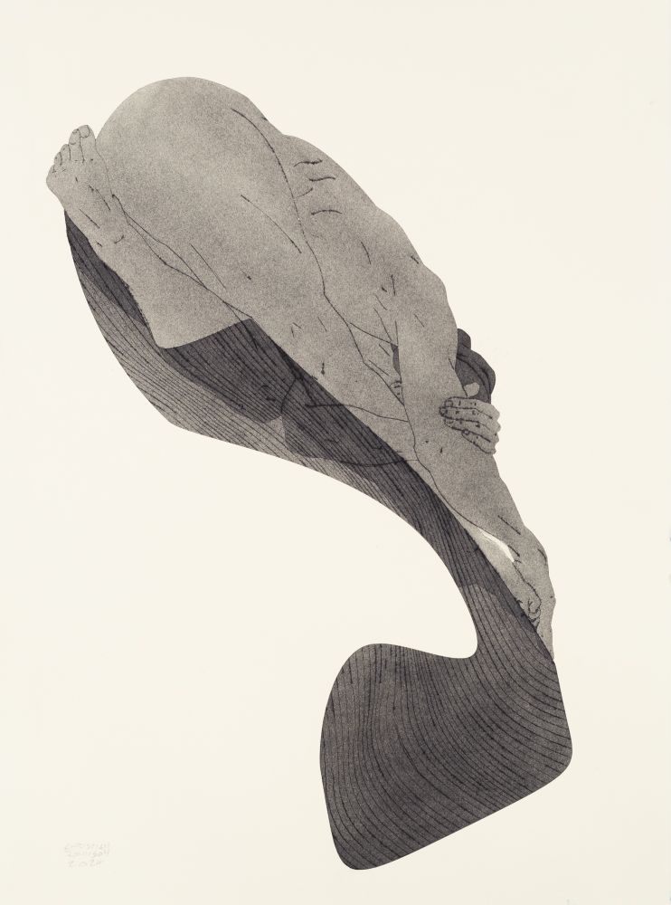 A minimalist charcoal drawing of a female figure holing her arm and leg with abstract embellishment 