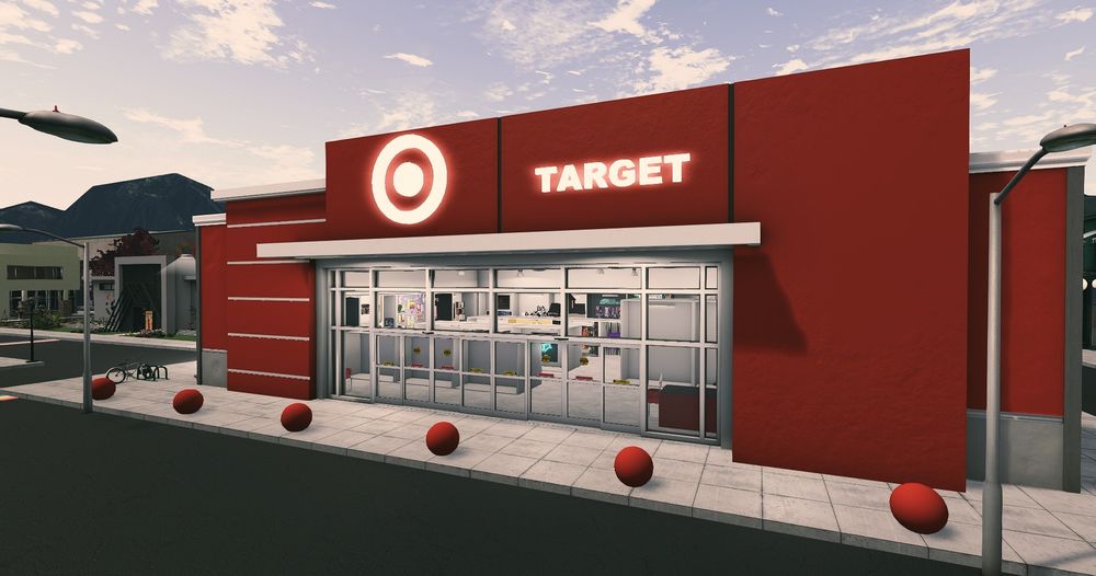 a secondlife screen shot of a "target" a large red building filled with various vendor booths 