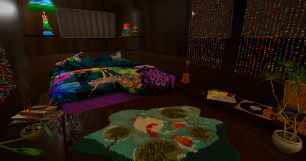 a second life screenshot of the inside of the airstream: beaded curtains hang against the windows, a messy bed is in the center of the space with a random little decor and a record player scattered throughout. 
