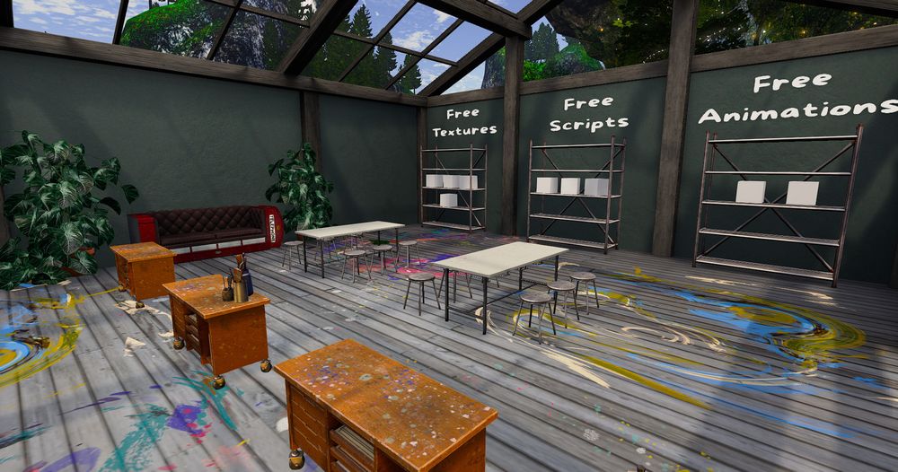 A secondlife screen shot of a building filled with art tables, there are shelves with white boxes on them 