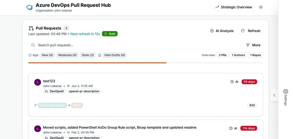 Azure DevOps PR Hub overview created by GitHub Spark