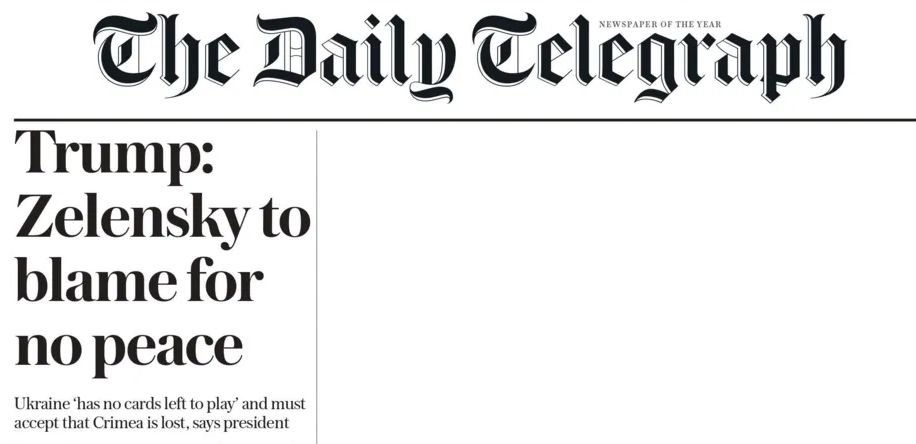 Report on Trump blaming Zelensky for no peace in Ukraine in today's tabloids