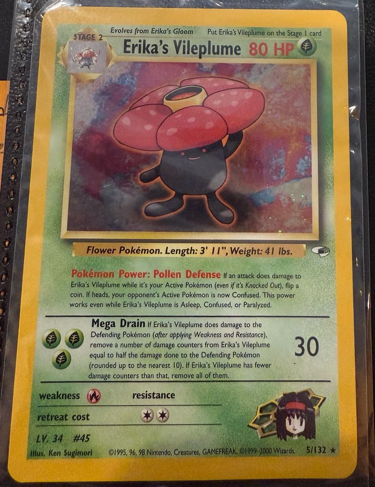 A picture of Erika’s Vileplume pokemon card from 2000’s Gym Heroes set. 