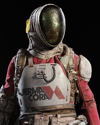 a kinda weird skin for arc raiders. there's some kinda weird helmet / hoodie thing with a glass pane in front of the face, i think goggles underneath? there's like a red jumpsuit or other whole body thing covering the body with some armor pieces on top of it. also a shoulder pad and like elbow glove thing on their right hand. on the chestplate the words "jerma cora" is written