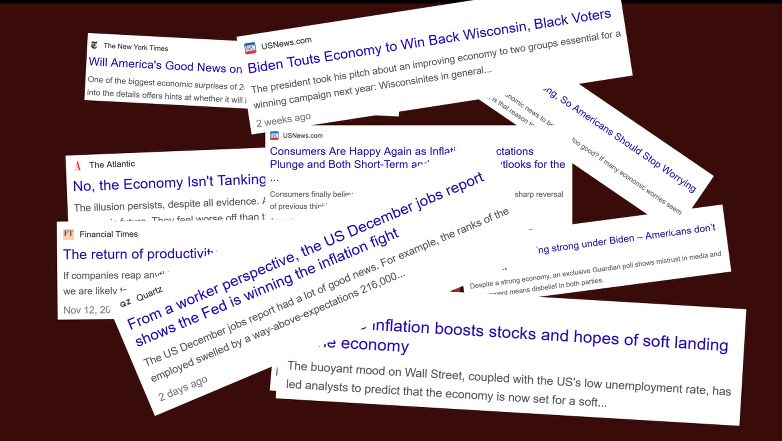 Dark red screen with a bunch of screenshots of headlines about the economy being bad in front of it