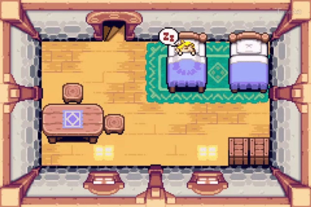 a pixel art drawing of a bedroom with two beds