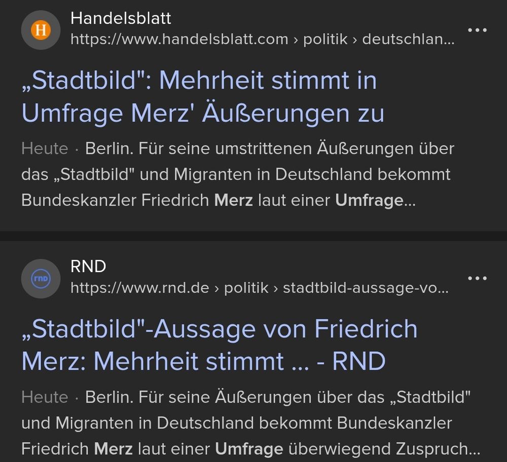 Screenshots Handelsblatt, RND, Überschriften à la: Mehrheit stimmt Merz neu Stadtbild-Thematik zu