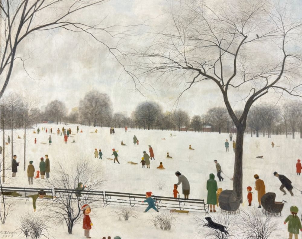 Central Park in Winter, 1949. Robert Smullyan Sloan. Oil and tempera. https://harvardartmuseums.org/collections/object/50190 #art #winter #snow #nature