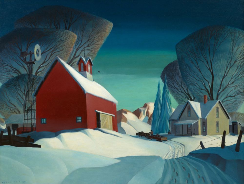 realistic, though nostalgic painting of a snowy farm in winter. Farm in Winter, 1966. Dale Nichols. Oil on canvas.