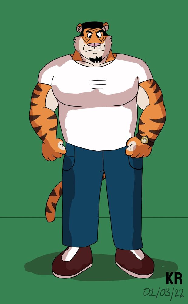 Anthro tiger male named Barrel stands in a green background looking at the viewer with a scowl