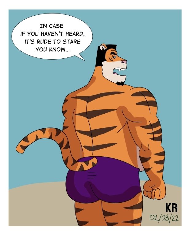 Barrel stands on the beach in purple swim trunks. He turns his head towards the viewer over his shoulder saying "In case if you haven't heard, it's rude to stare you know..." [sic]