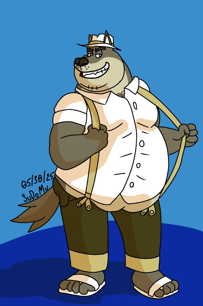 Chubby anthro wolf named Lucius stands on a blue background looking a bit smugish pulling on his suspenders straps