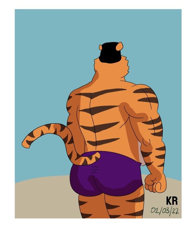Barrel stands on the beach in only purple swim trunks in both pics. He has his head turned away  from the viewer