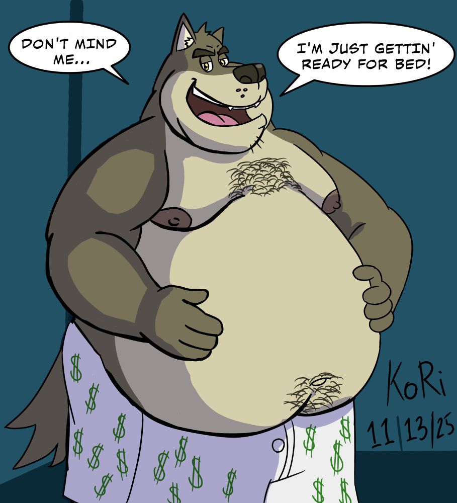 Lucius stands in a room wearing boxers with dollar signs on them

He looks and says to the viewer:

Lucius: "Don't mind me..." "I'm just gettin' ready for bed!"
