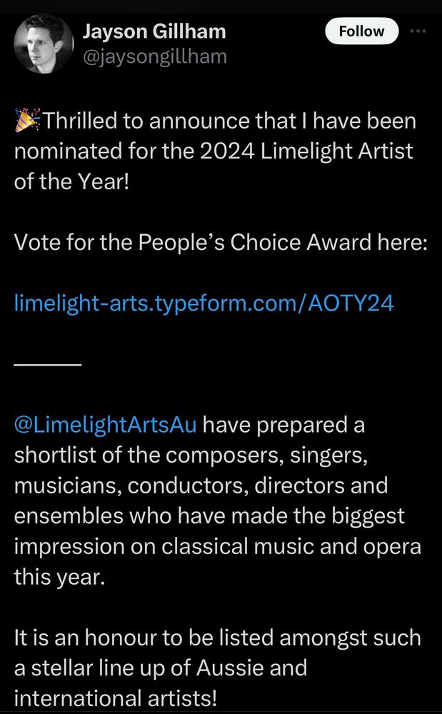 Screenshot by Jayson Gillham, Australian pianist and composer, about being shortlisted for classical AOTY