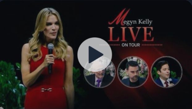 A screenshot of a video from "Megyn Kelly LIVE on tour" where Megyn looks skeletal and much closer to unalive, honestly it's Cryptkeeper vibes